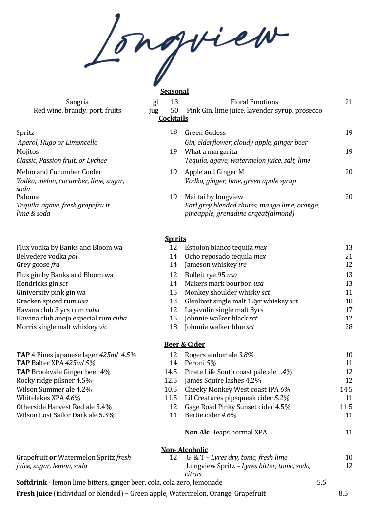 Menu, Longview Cottesloe