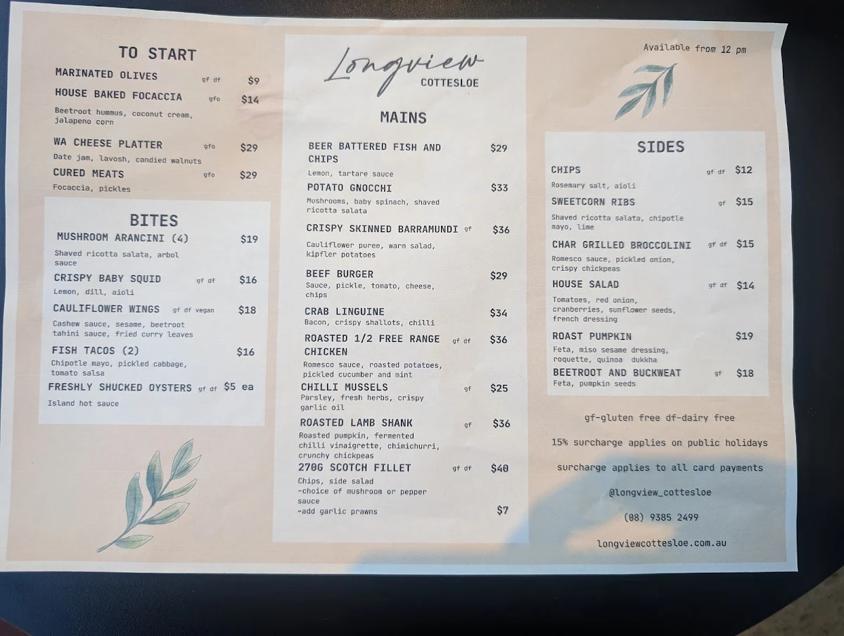 Menu, Longview Cottesloe