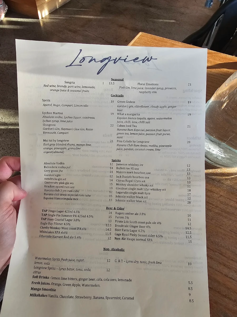 Menu, Longview Cottesloe