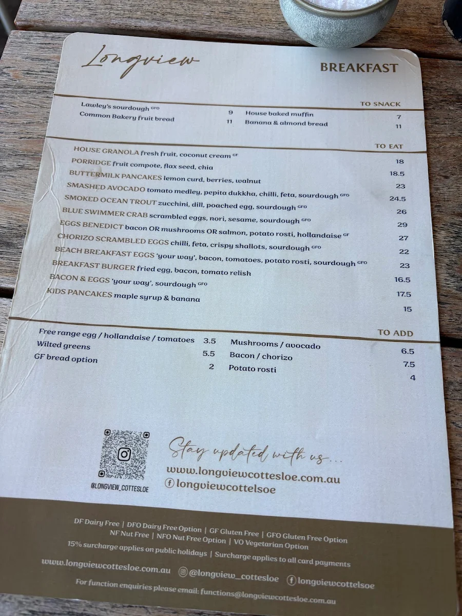 Menu, Longview Cottesloe