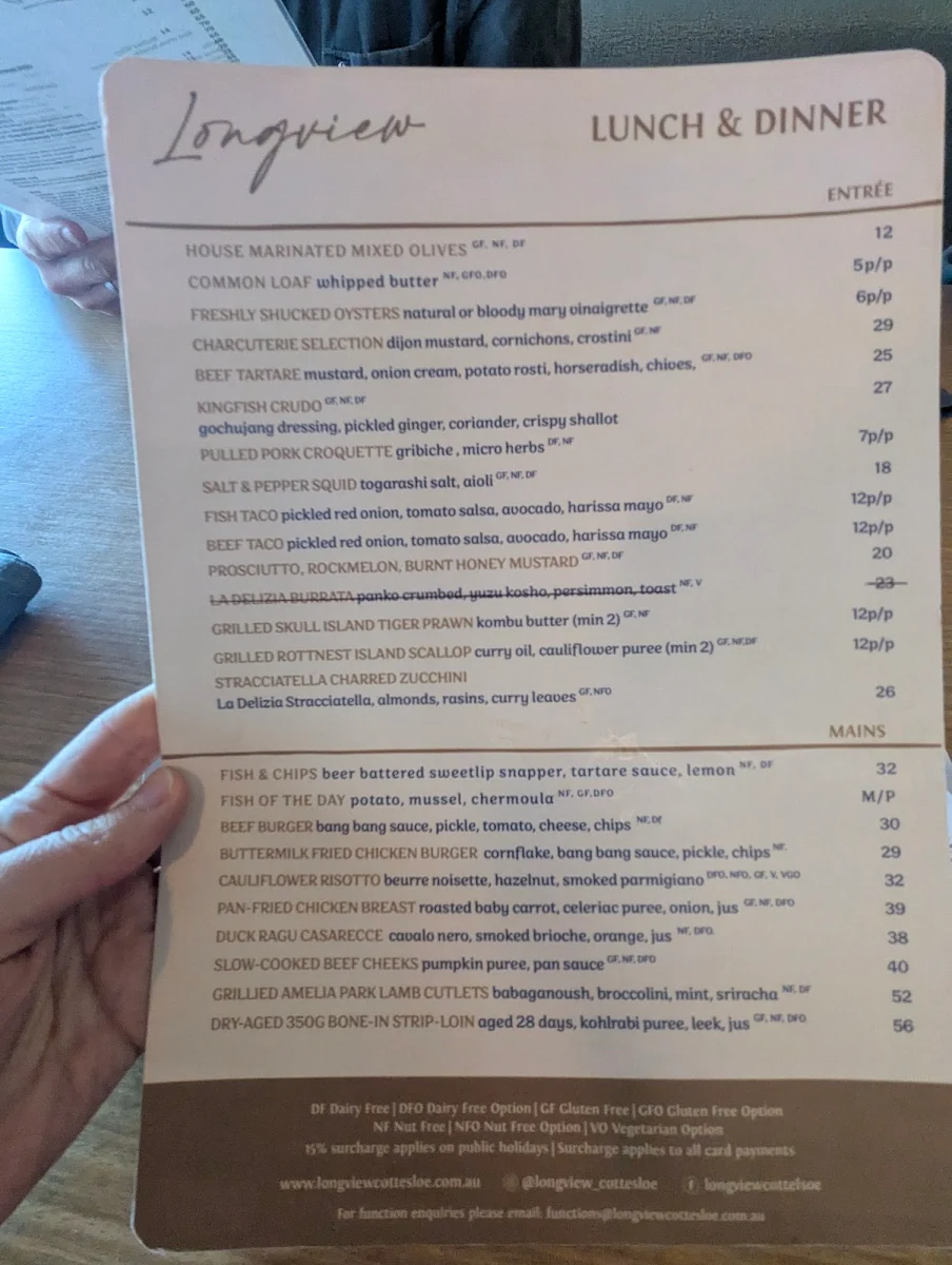 Menu, Longview Cottesloe