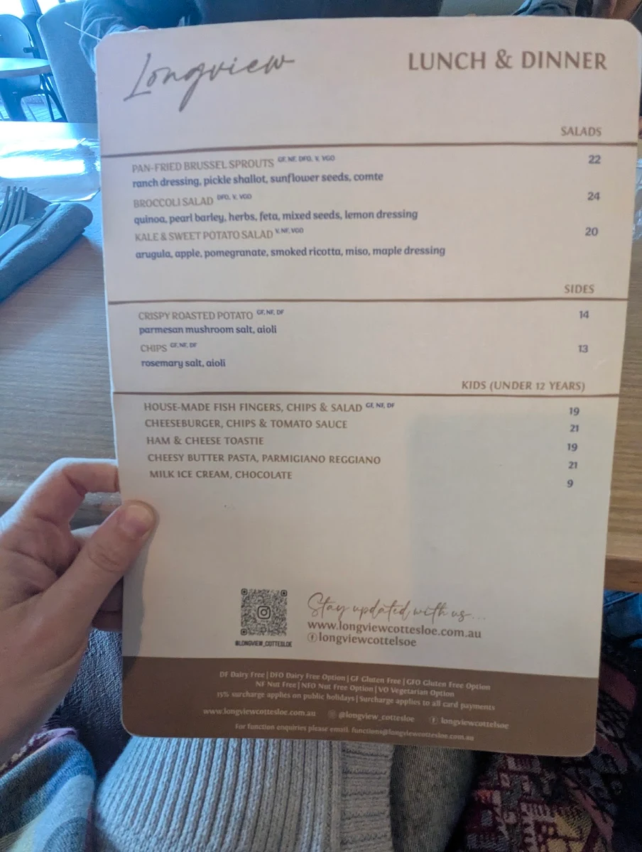 Menu, Longview Cottesloe