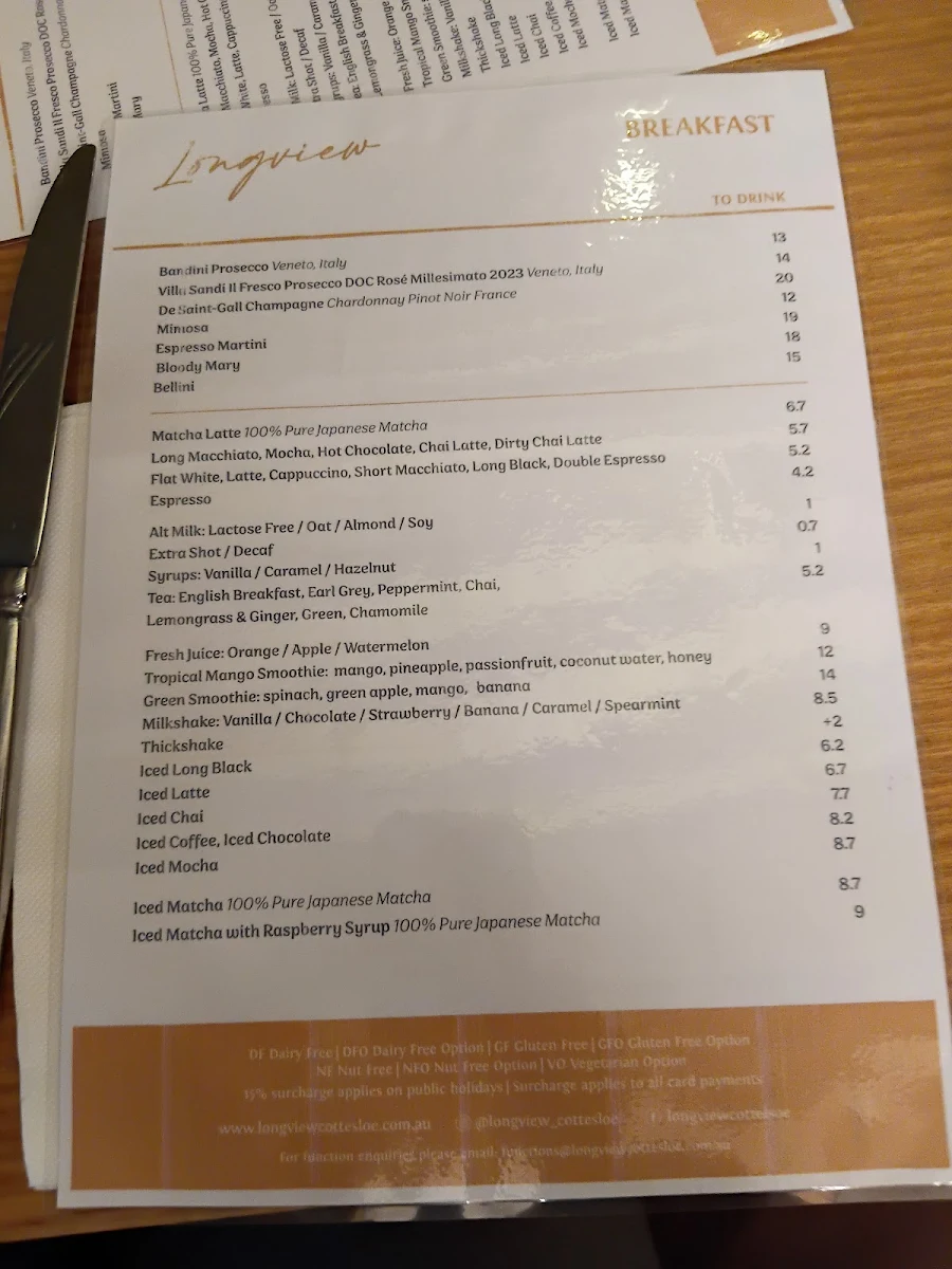 Menu, Longview Cottesloe
