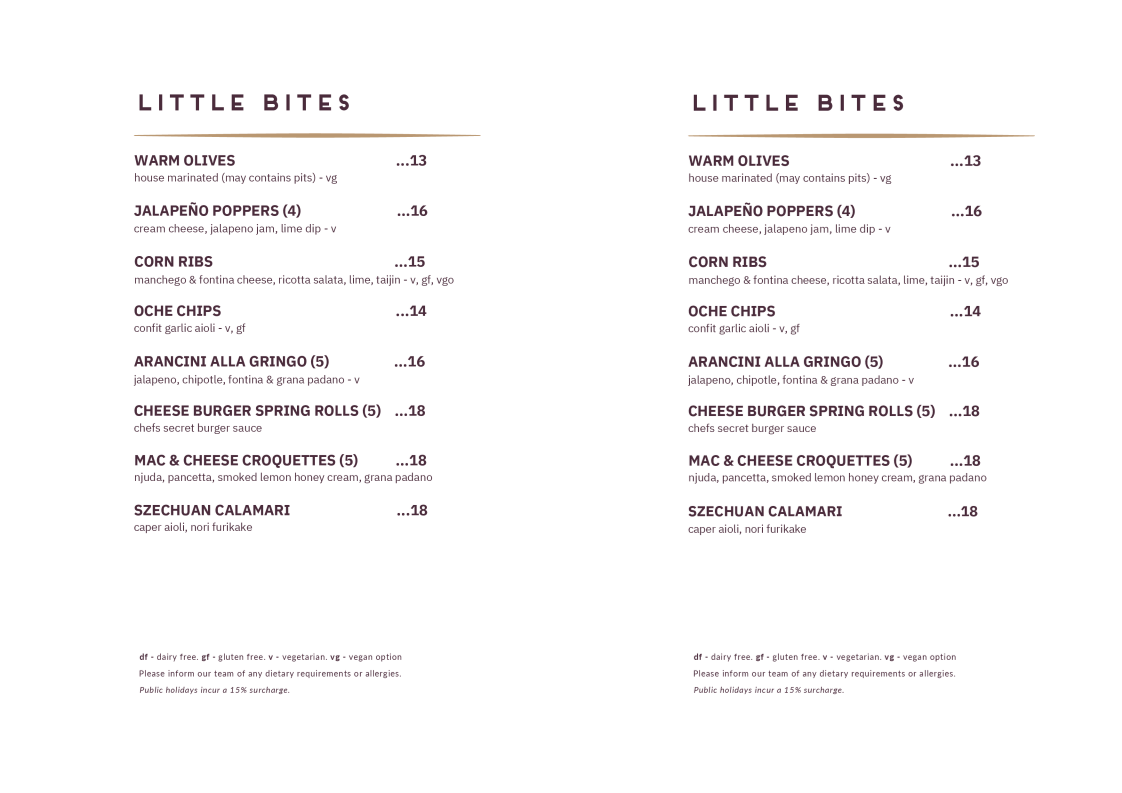 Menu, Oche Brisbane