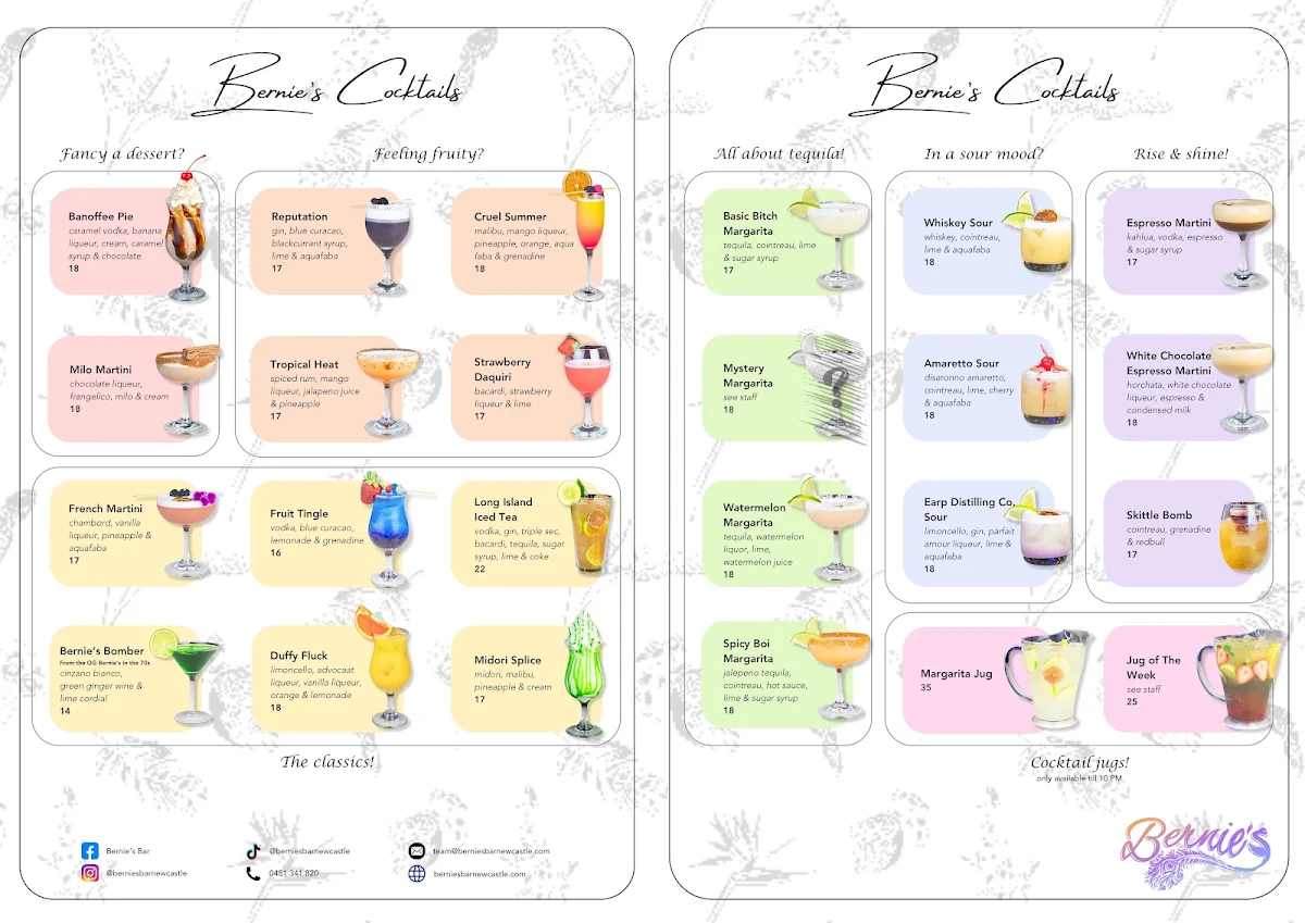 Menu, Bernie's Bar