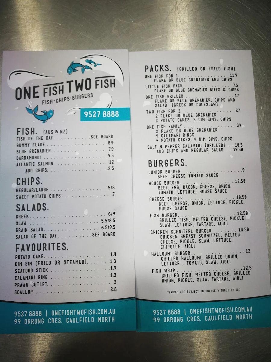 Menu, One Fish Two Fish
