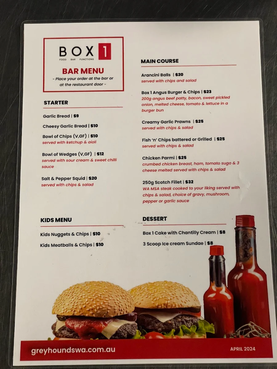 Menu, Box 1 Bar & Restaurant