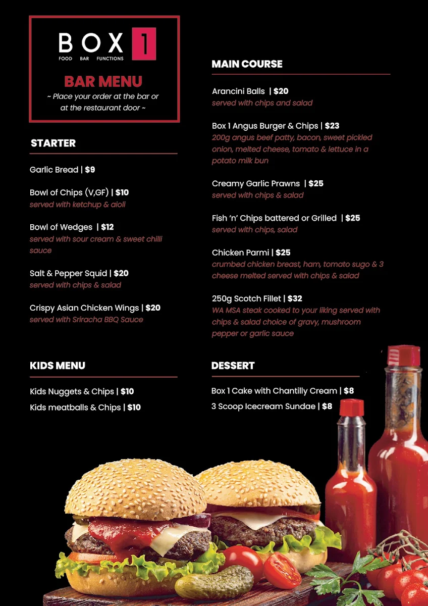 Menu, Box 1 Bar & Restaurant