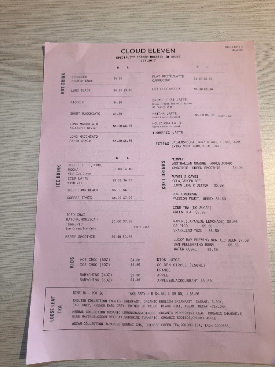 Menu, Cloud Eleven Restaurant