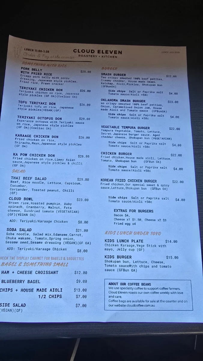 Menu, Cloud Eleven Restaurant