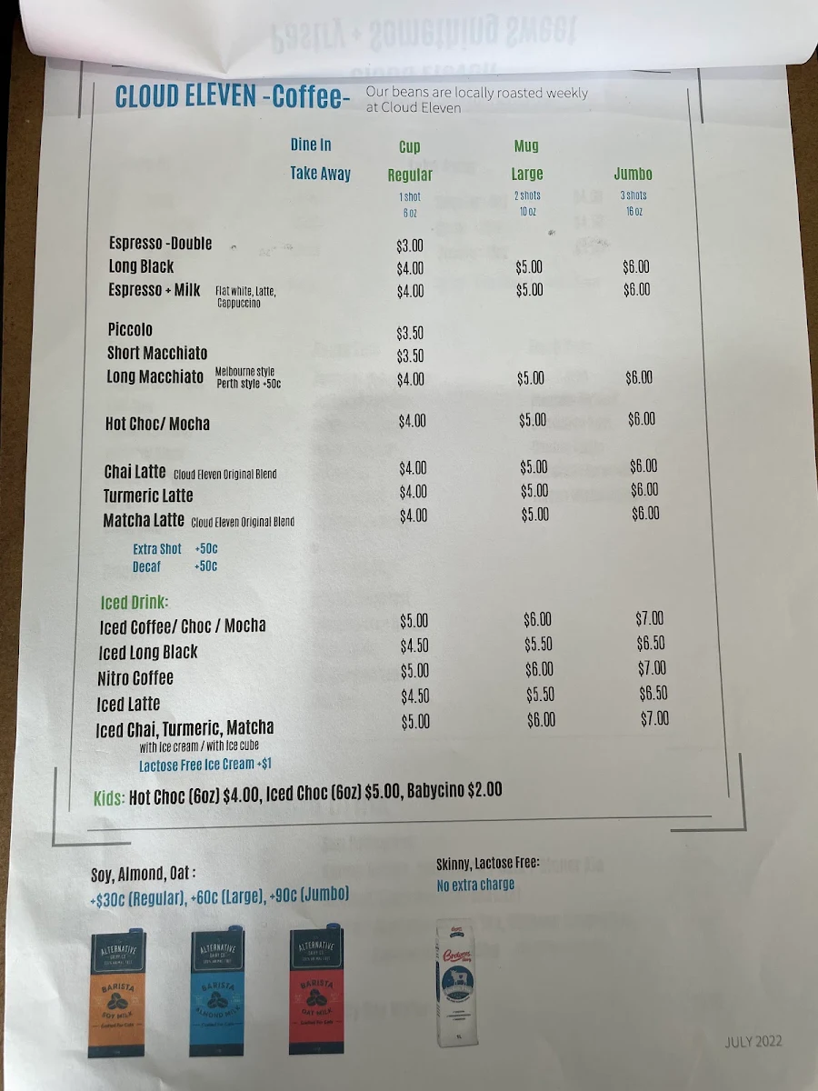 Menu, Cloud Eleven Restaurant