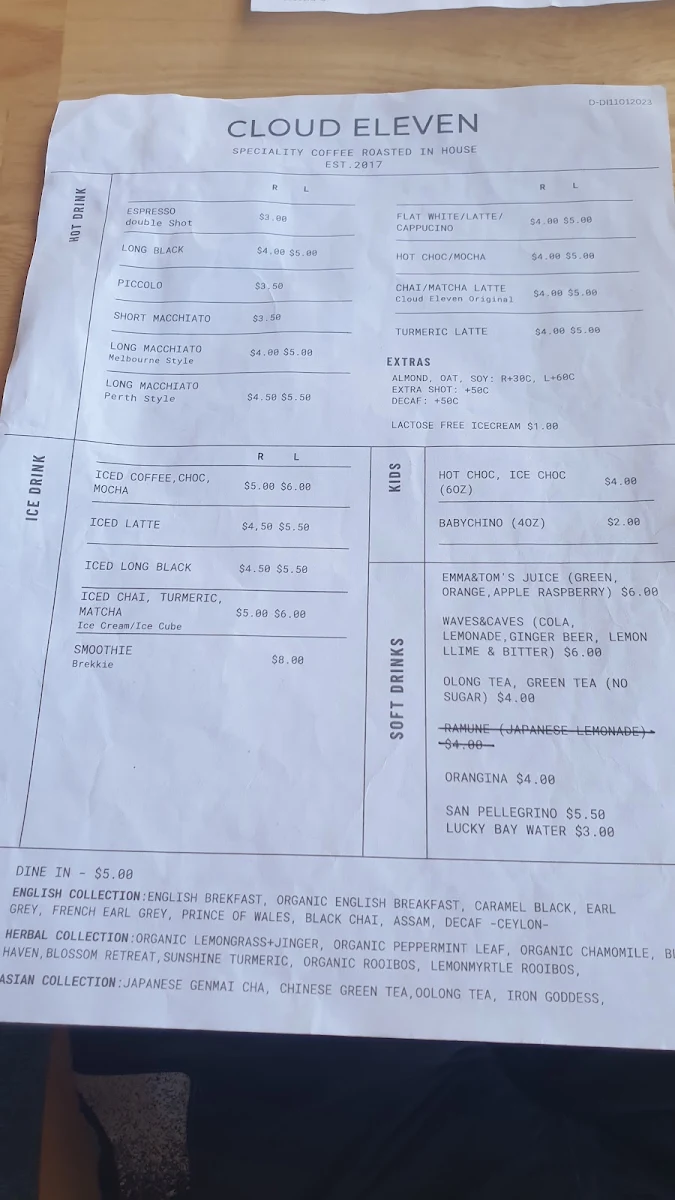 Menu, Cloud Eleven Restaurant