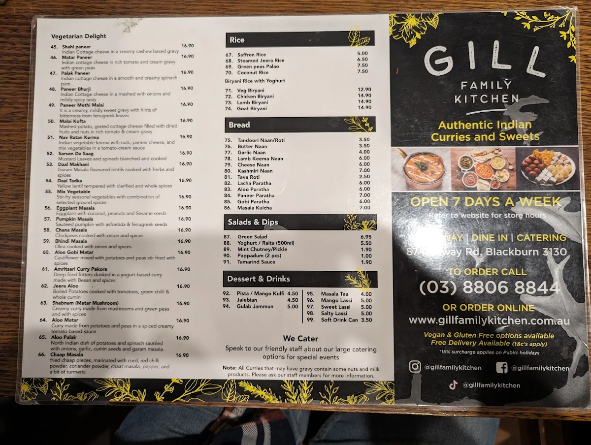 Menu, Gill Family Kitchen