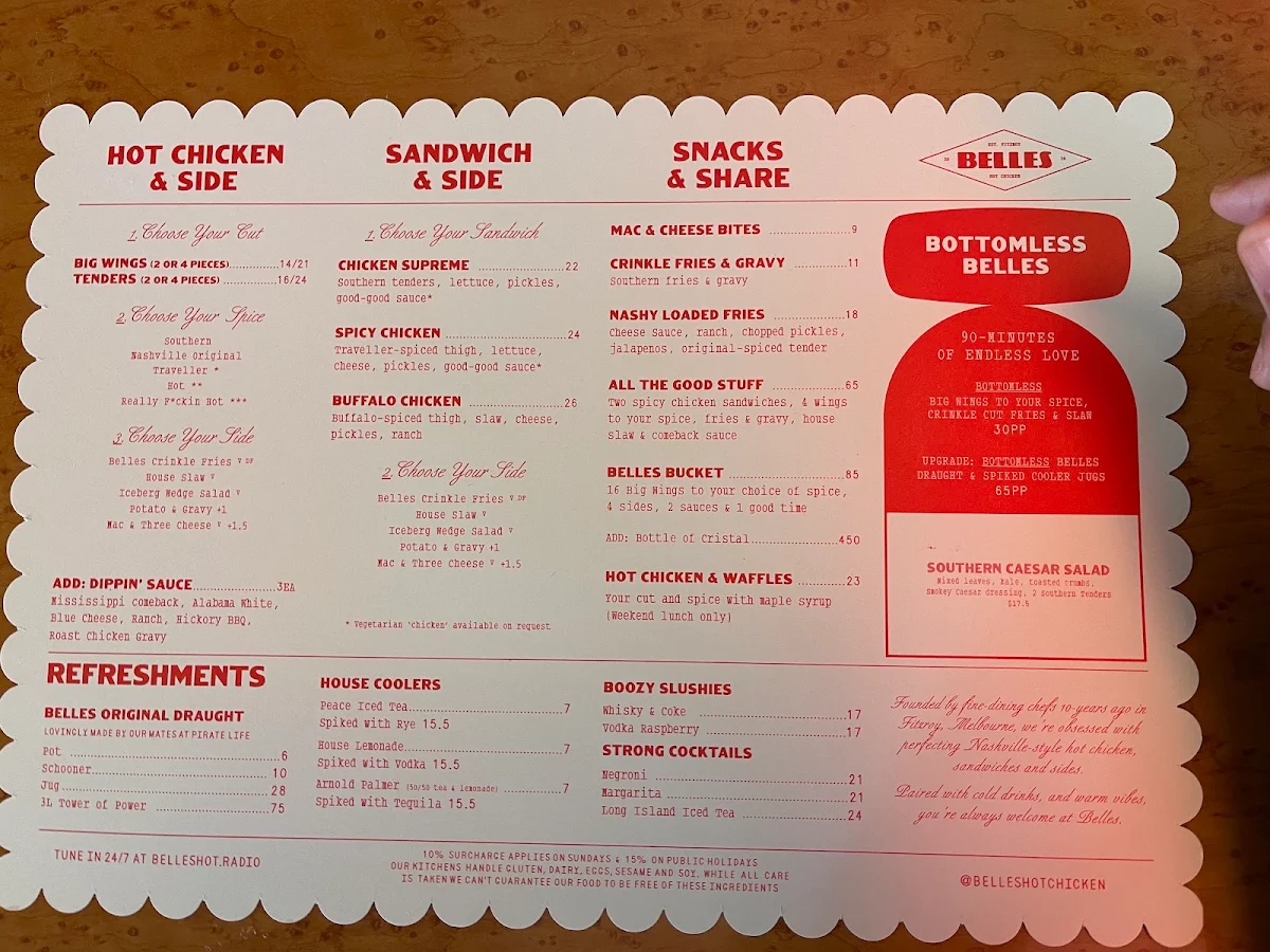 Menu, Belles Hot Chicken Circular Quay