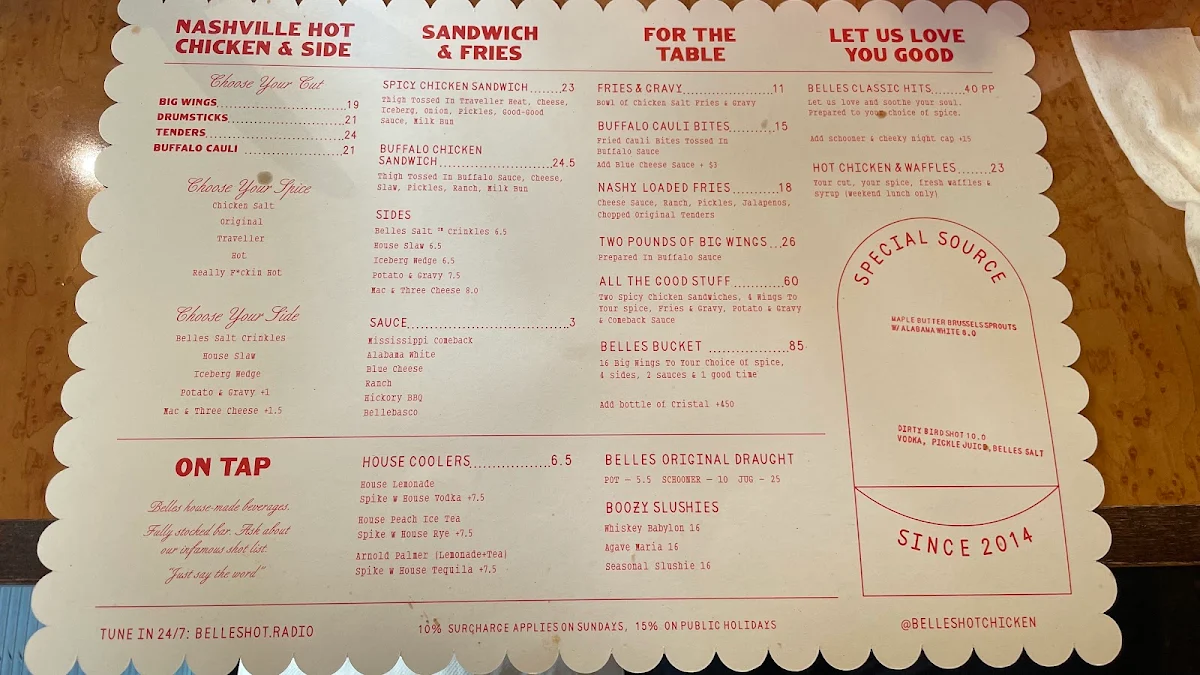 Menu, Belles Hot Chicken Circular Quay