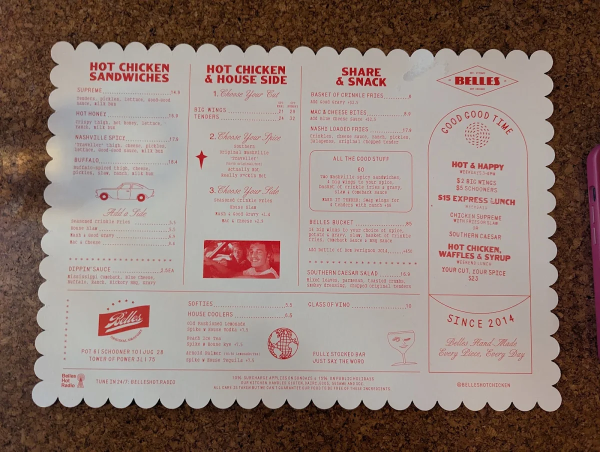 Menu, Belles Hot Chicken Circular Quay