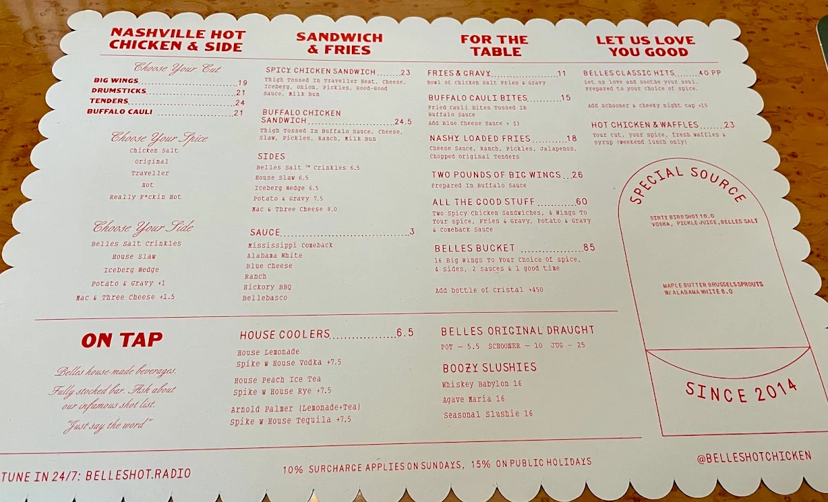 Menu, Belles Hot Chicken Circular Quay