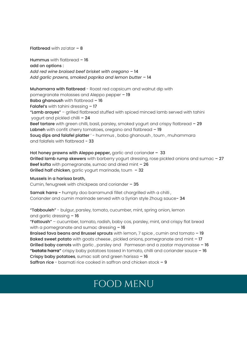 Menu, SOUQ Perth