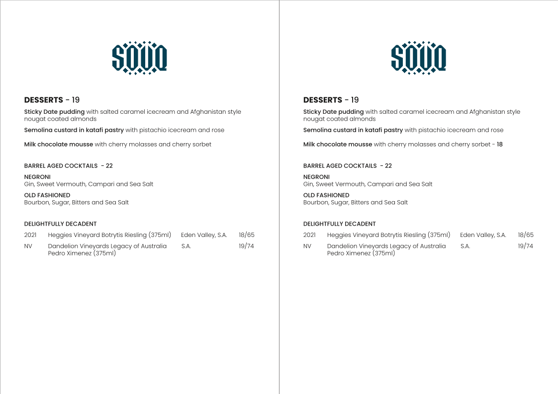 Menu, SOUQ Perth