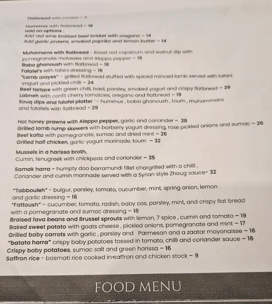 Menu, SOUQ Perth