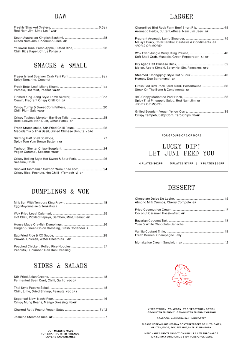 Menu, JUNI Melbourne