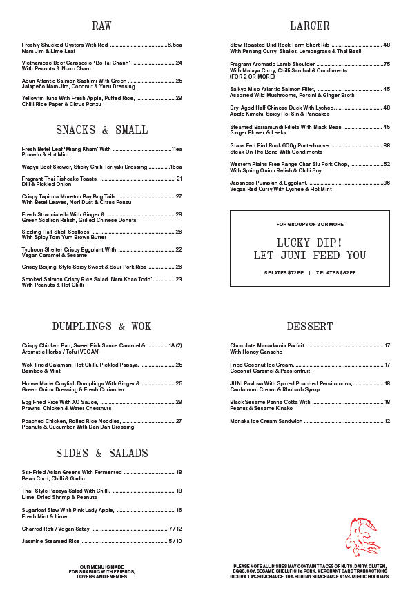 Menu, JUNI Melbourne