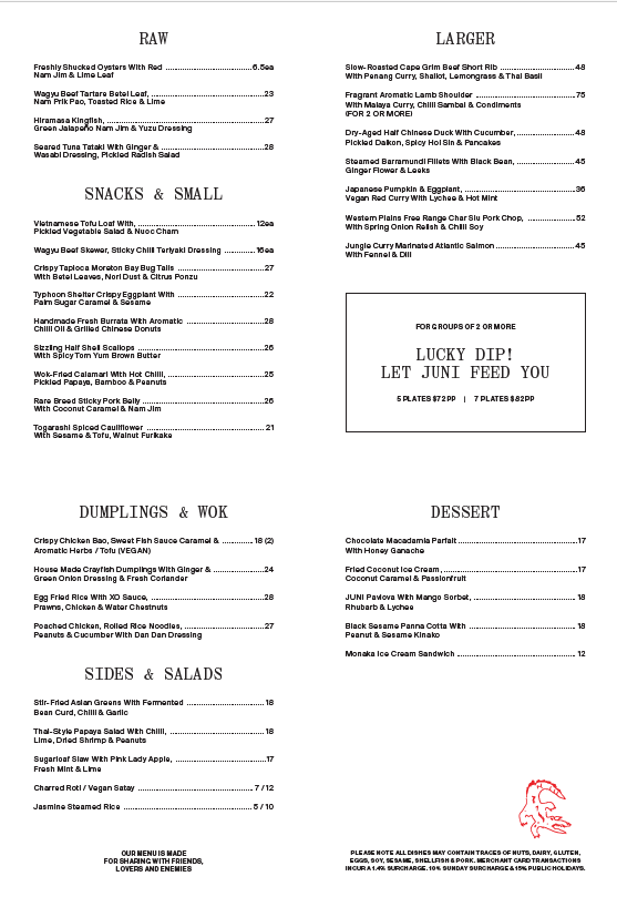 Menu, JUNI Melbourne