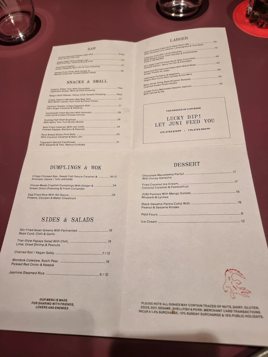 Menu, JUNI Melbourne