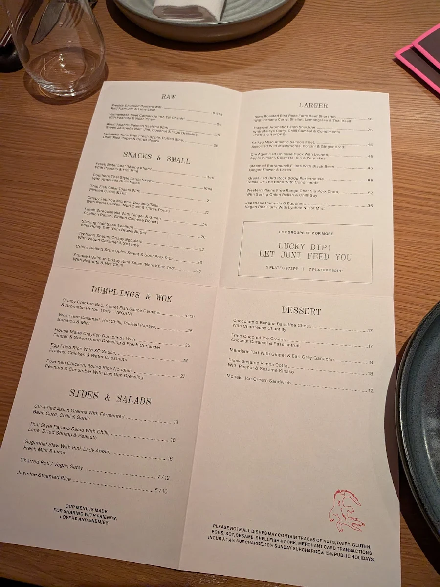Menu, JUNI Melbourne