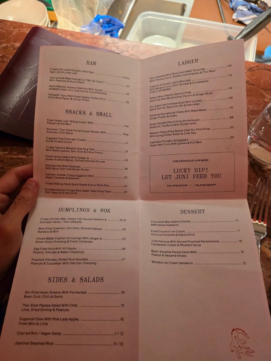 Menu, JUNI Melbourne