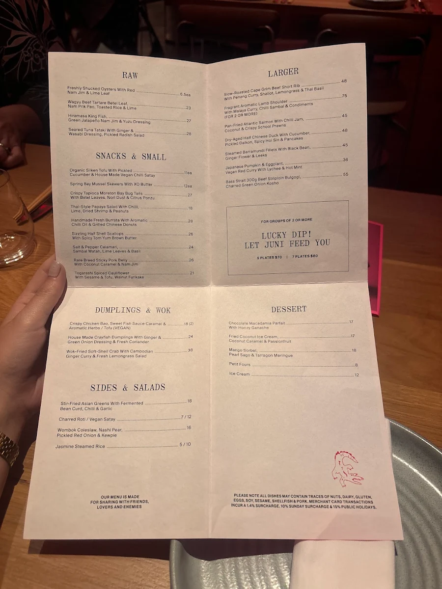 Menu, JUNI Melbourne