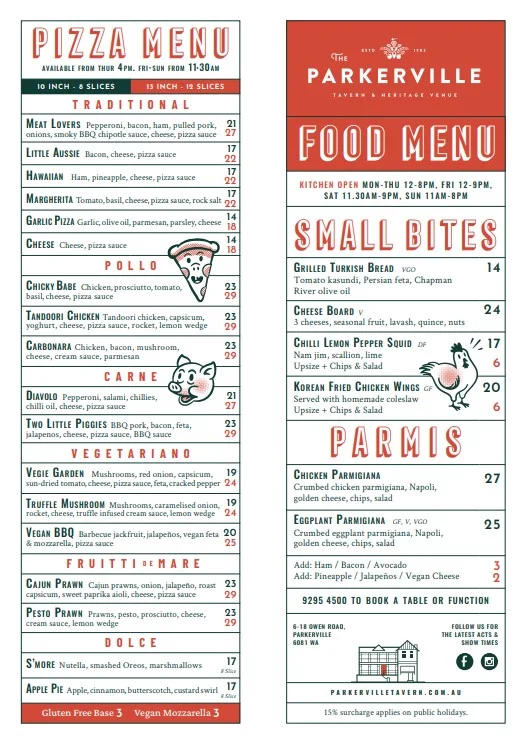 Menu, Parkerville Tavern