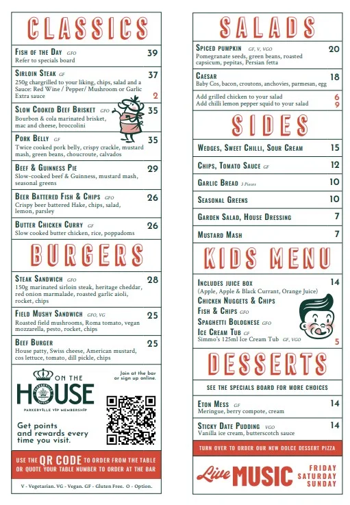 Menu, Parkerville Tavern