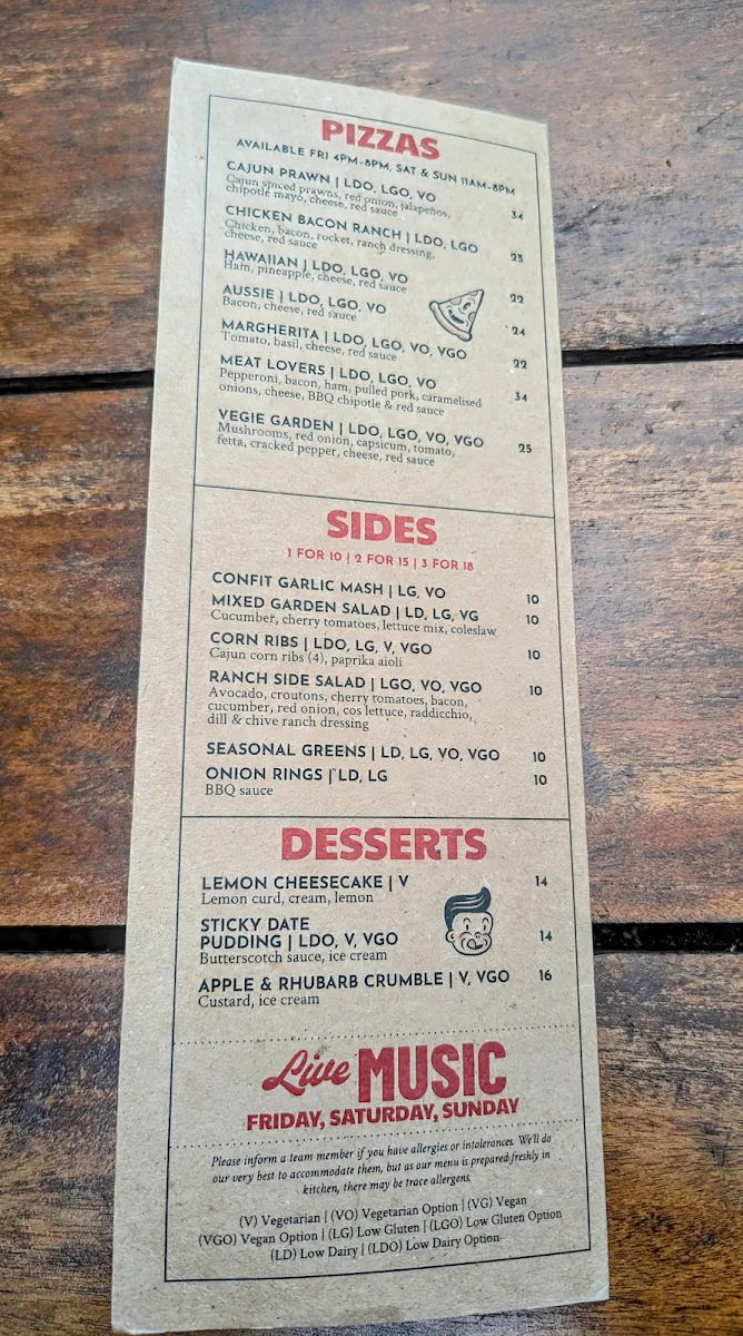 Menu, Parkerville Tavern