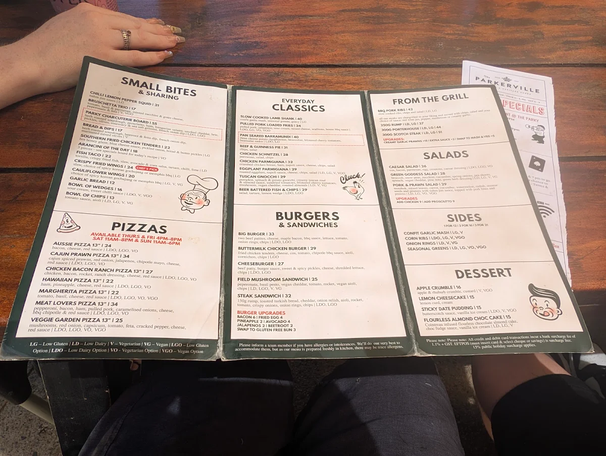 Menu, Parkerville Tavern