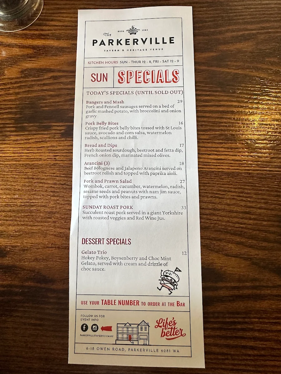 Menu, Parkerville Tavern