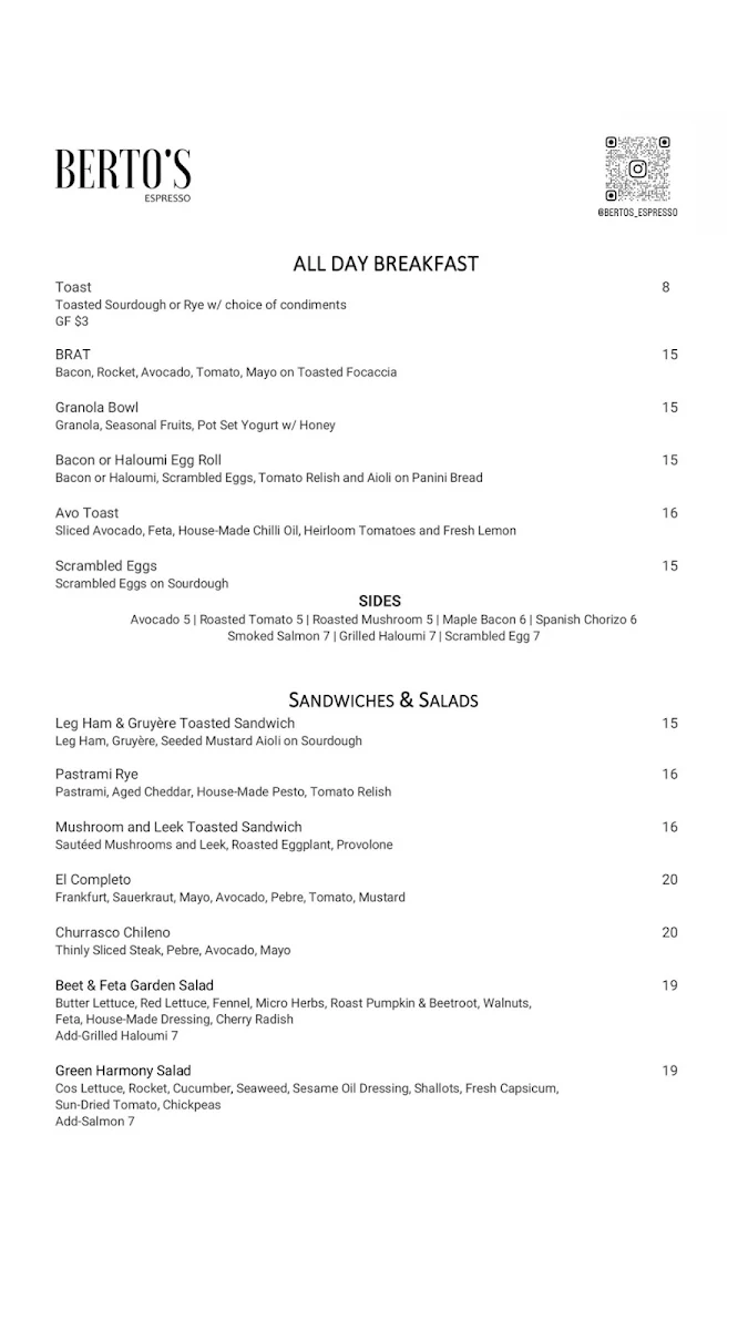 Menu, Berto’s Espresso