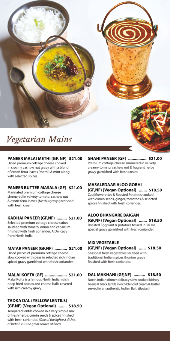 Menu, Jai Ho Indian Restaurant