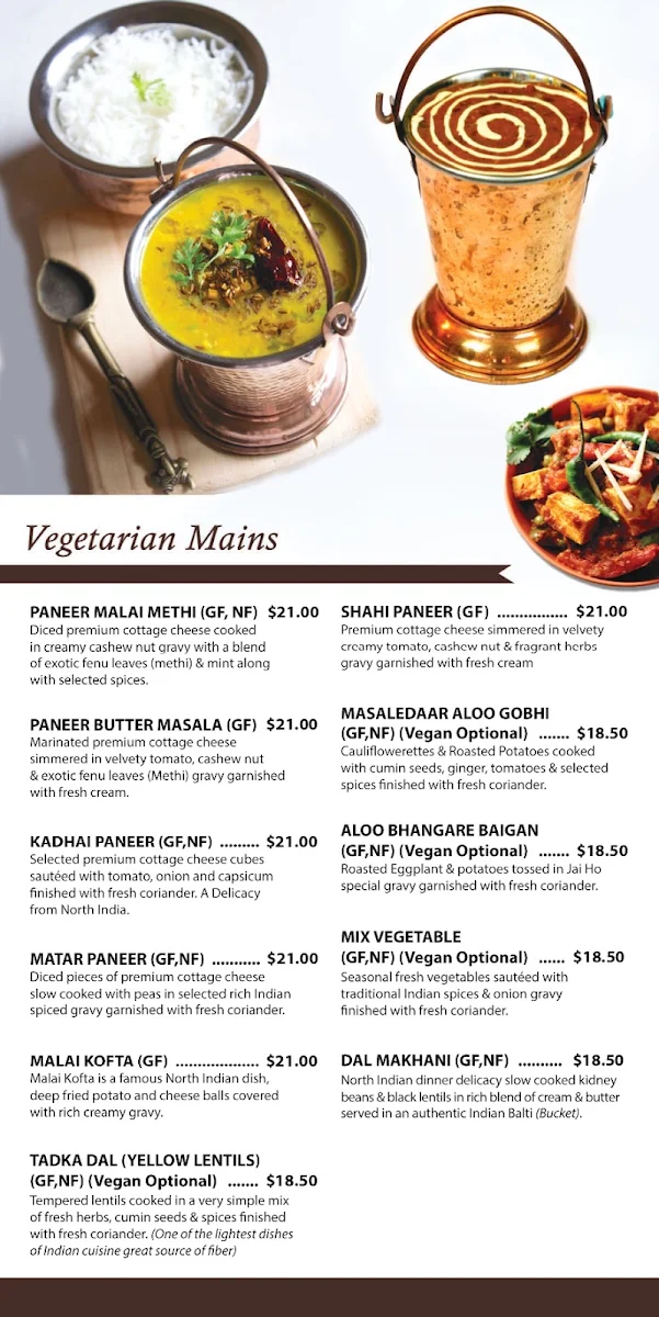 Menu, Jai Ho Indian Restaurant