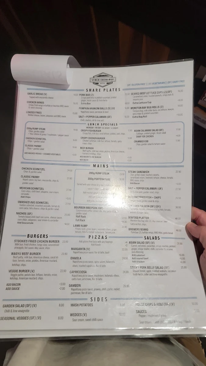Menu, Stock Exchange Hotel
