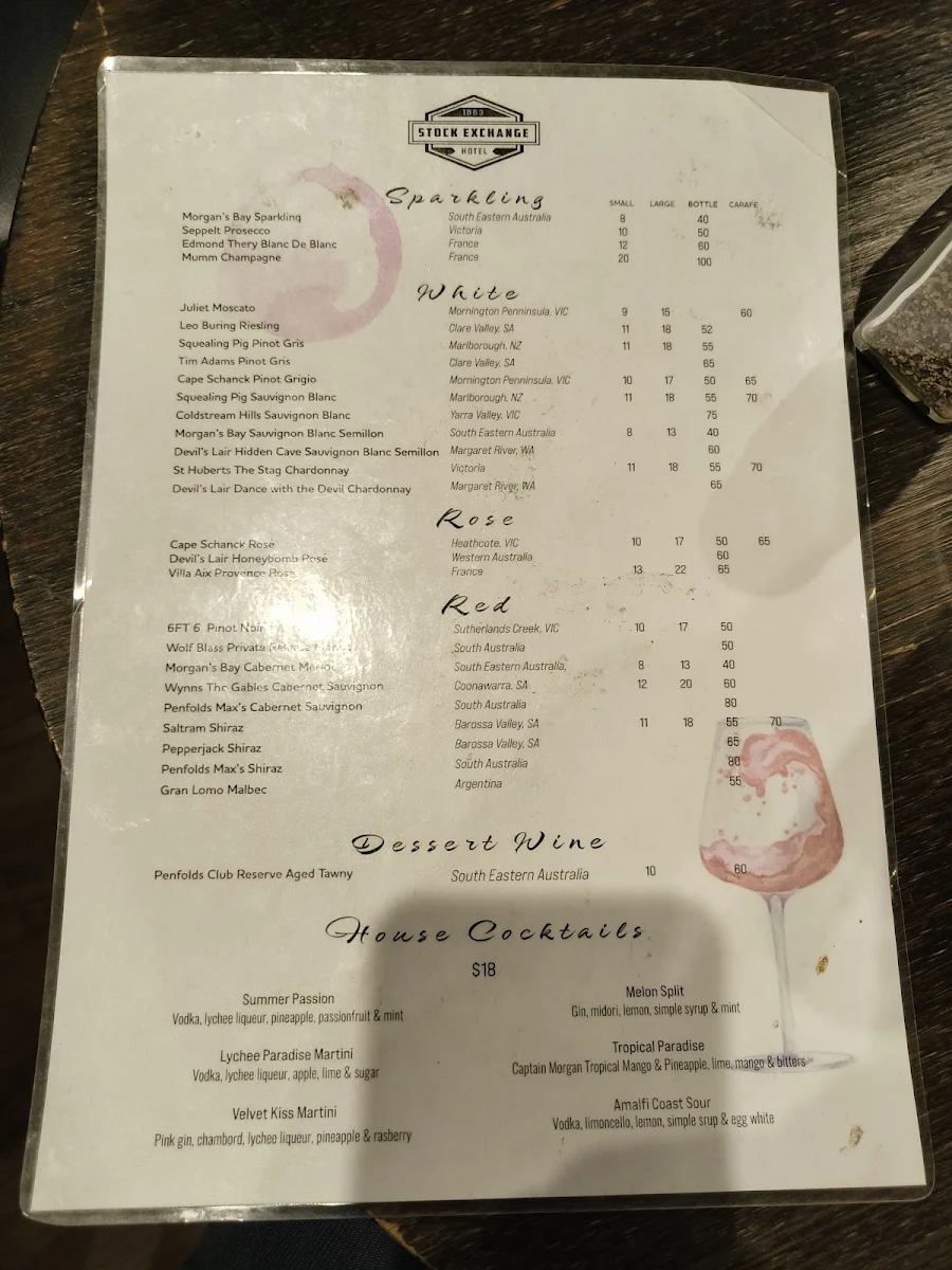 Menu, Stock Exchange Hotel