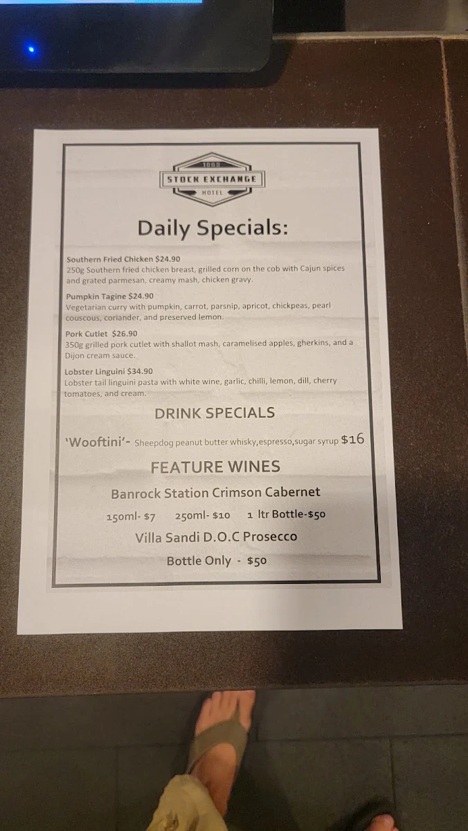 Menu, Stock Exchange Hotel