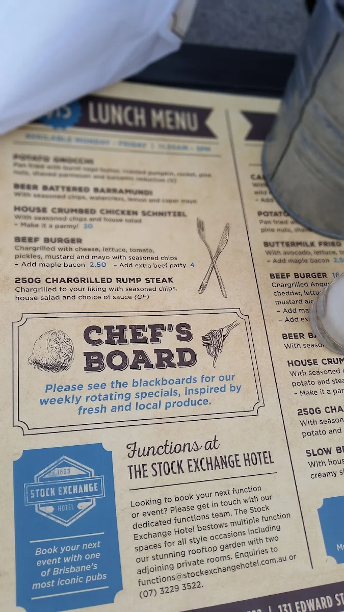 Menu, Stock Exchange Hotel