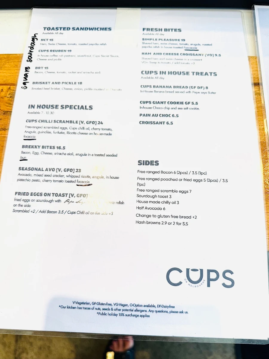 Menu, Cups on Melbourne