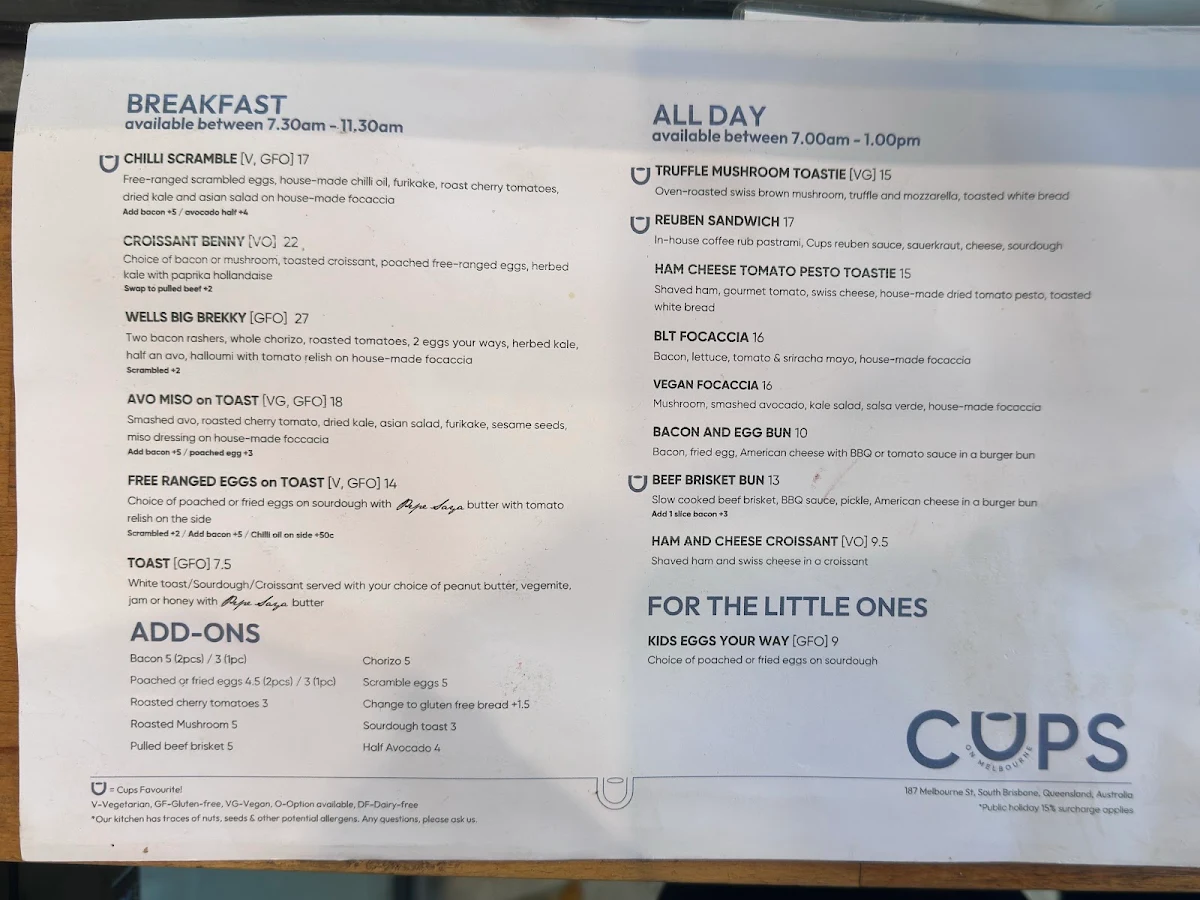 Menu, Cups on Melbourne
