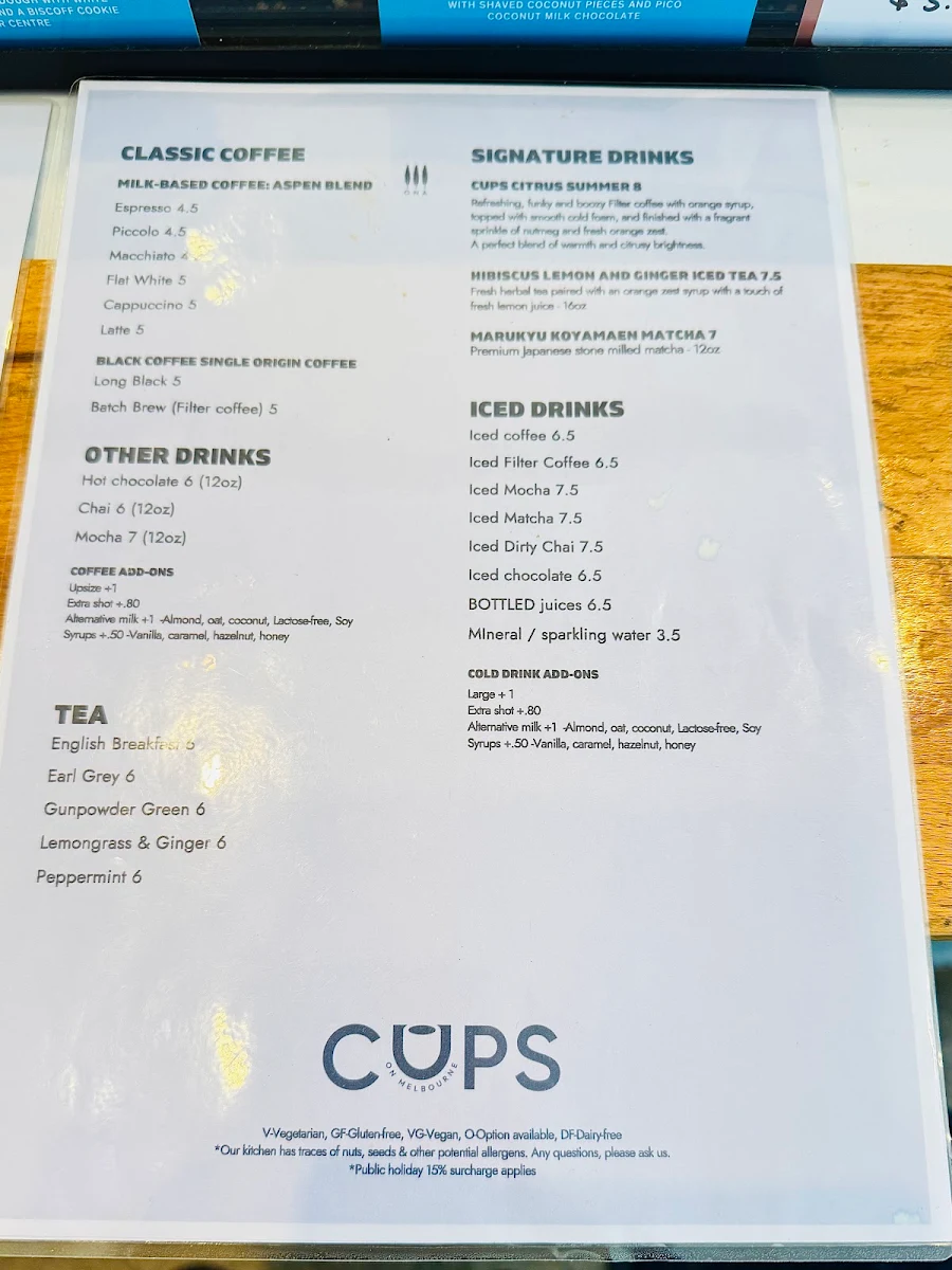 Menu, Cups on Melbourne