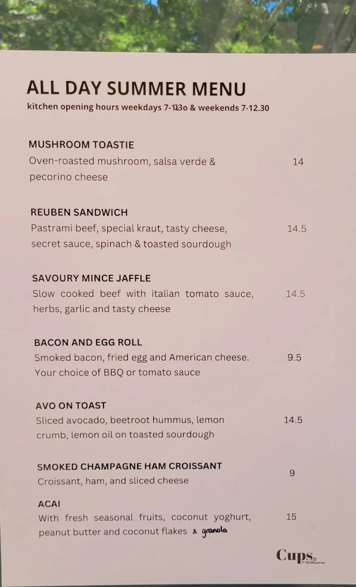 Menu, Cups on Melbourne