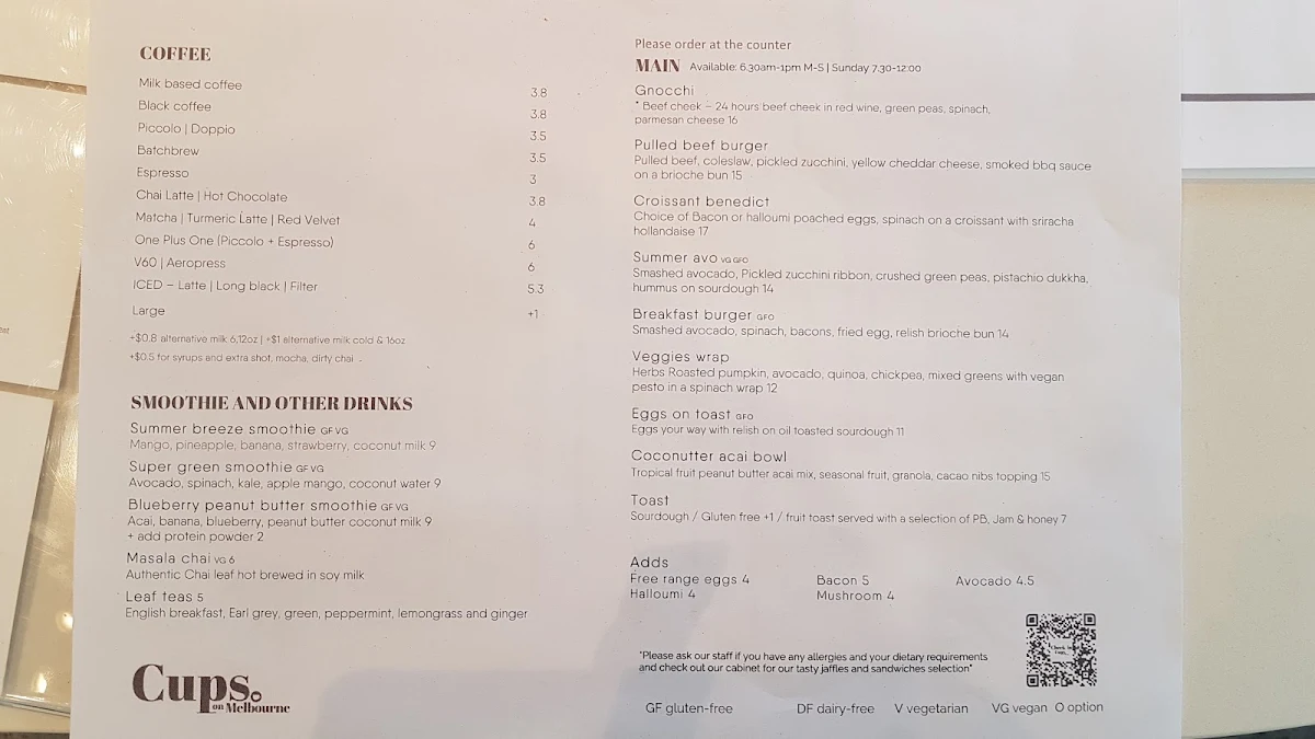 Menu, Cups on Melbourne