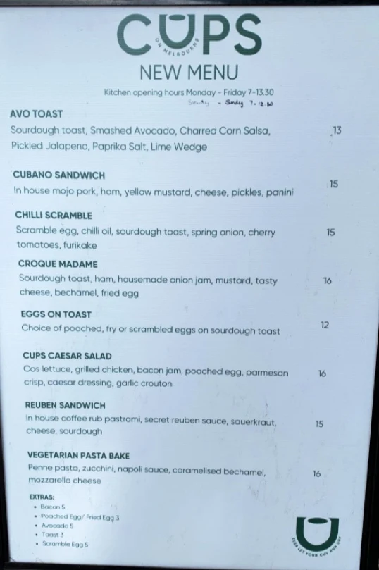 Menu, Cups on Melbourne