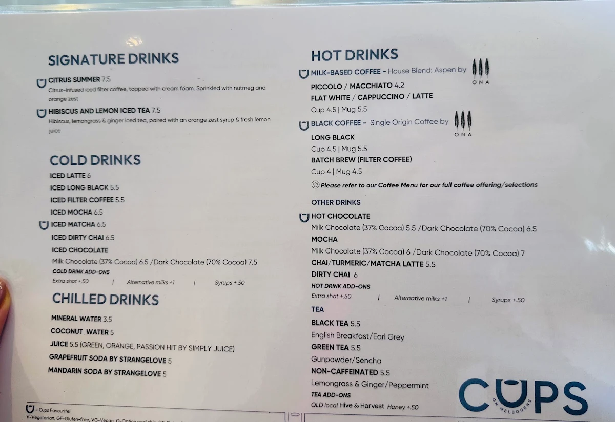 Menu, Cups on Melbourne